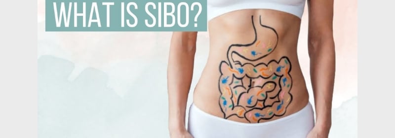 woman with intestines drawn on stomach with SIBO and allergies